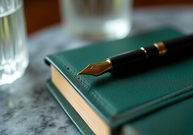 Крупный план профессиональной ручки и высококачественного кожаного блокнота в роскошной обстановке