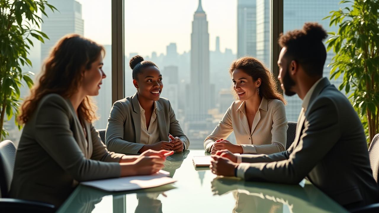 Разнообразная группа профессионалов сотрудничает в высокотехнологичном конференц-зале Нью-Йорка