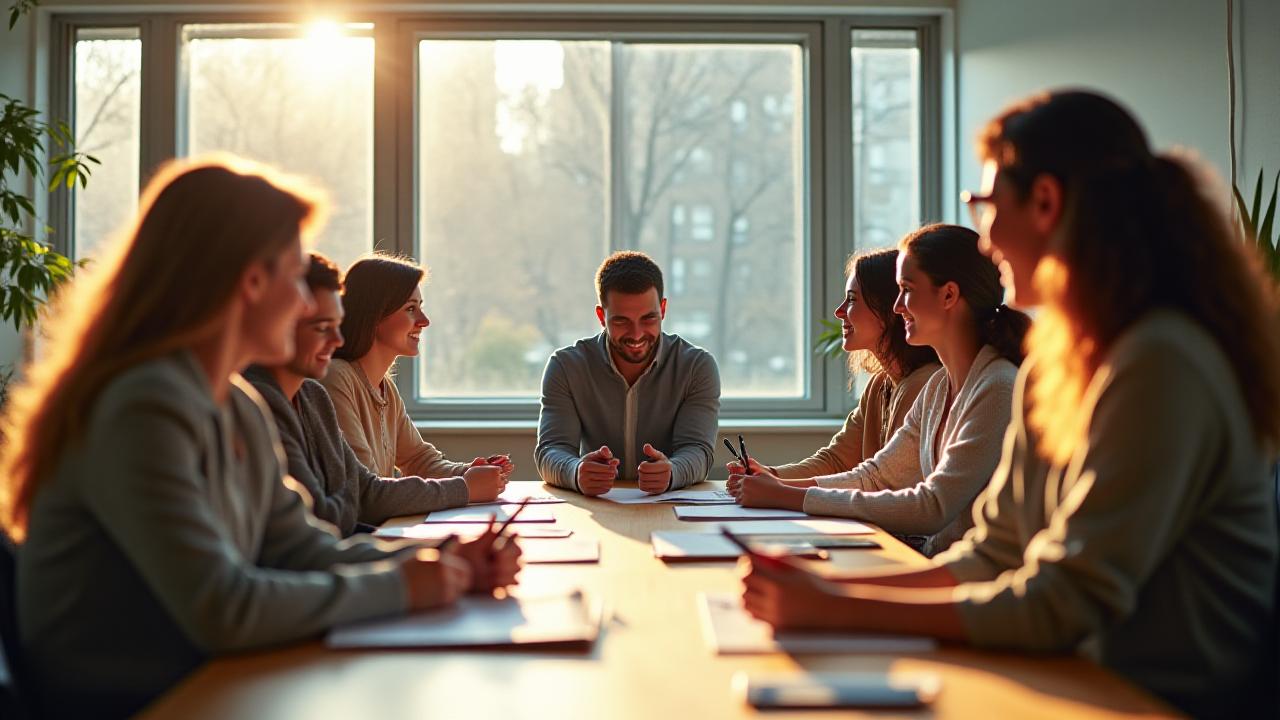 Разнообразные студенты на динамичном занятии английским в современной студии Нью-Йорка.