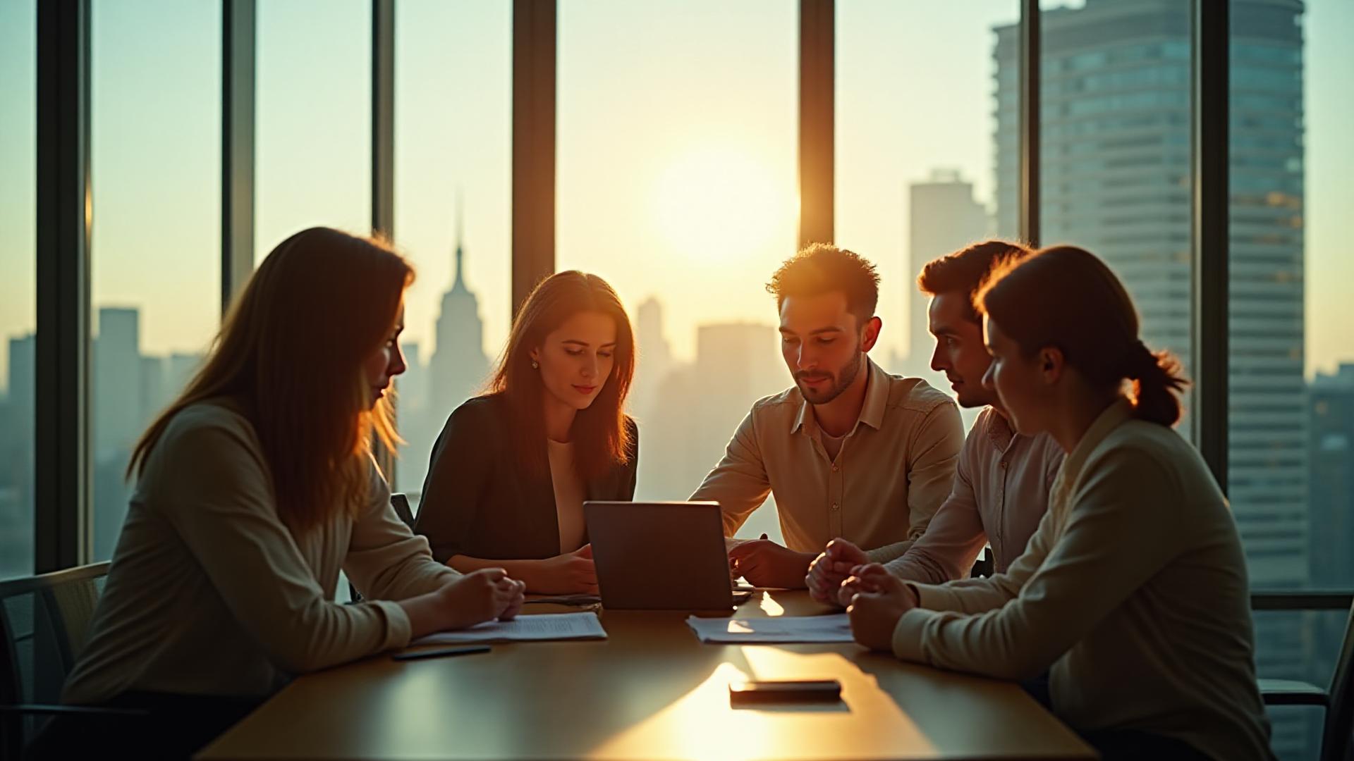 Профессионалы обсуждают проекты в светлом офисе Нью-Йорка