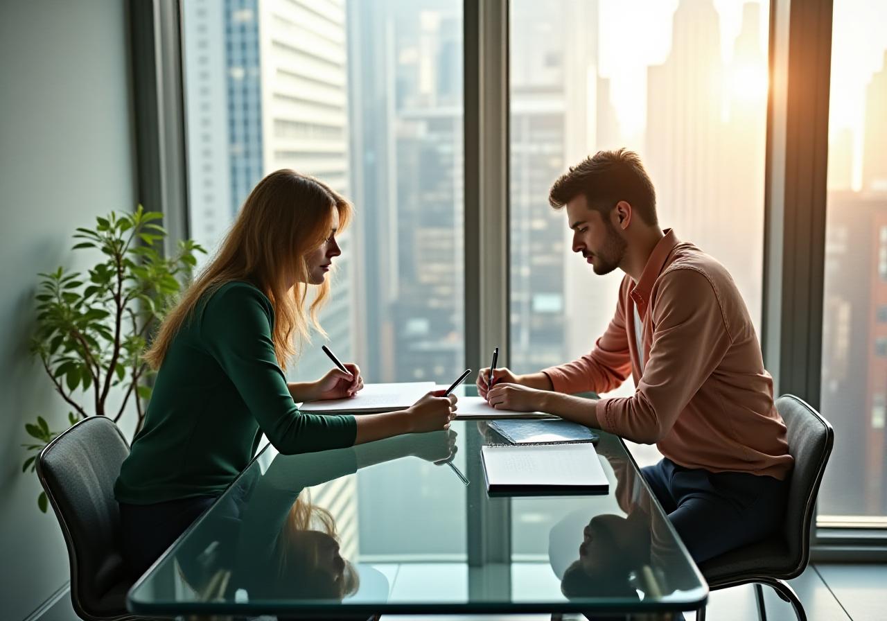 Профессиональный репетитор английского и студент на персональном занятии в светлом нью-йоркском офисе