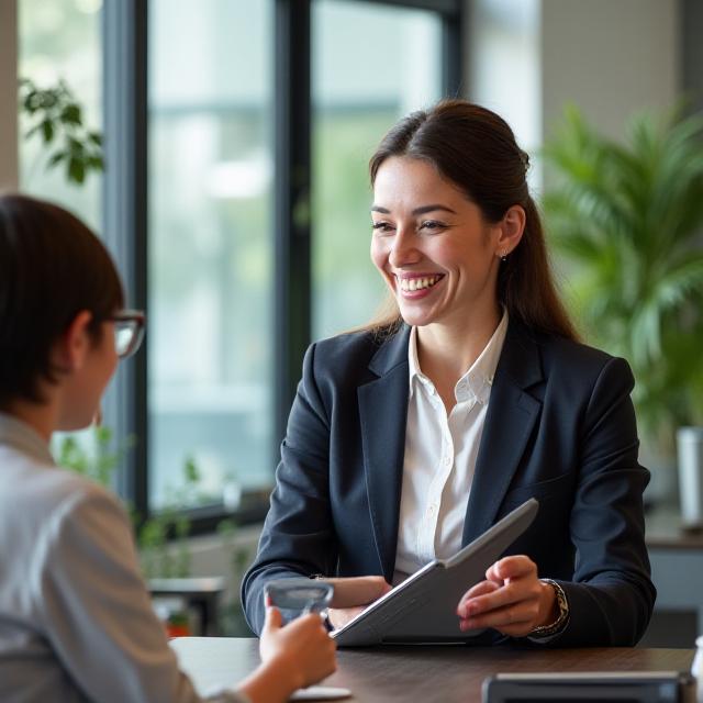 Елена Ричардс, сертифицированный тренер TOEFL и IELTS, консультирует студента в светлом офисе