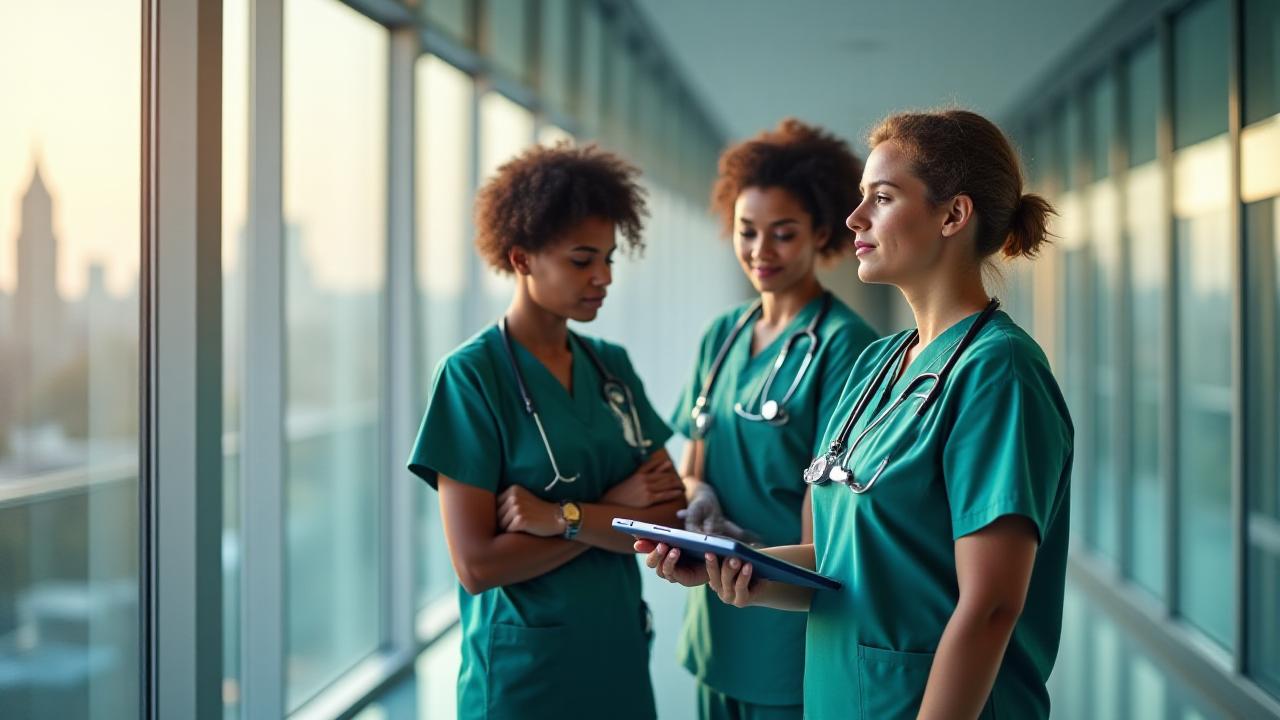 Разнообразная медицинская команда сотрудничает в современной нью-йоркской больнице